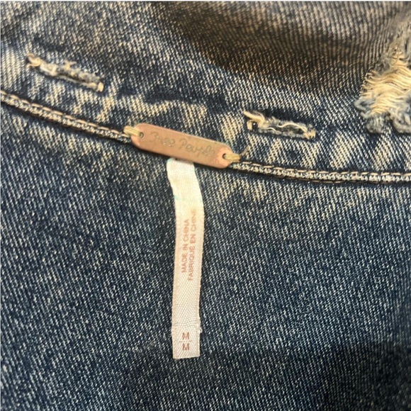 Free People Distressed Denim Jacket with Jersey Sleeves - Picture 6 of 7
